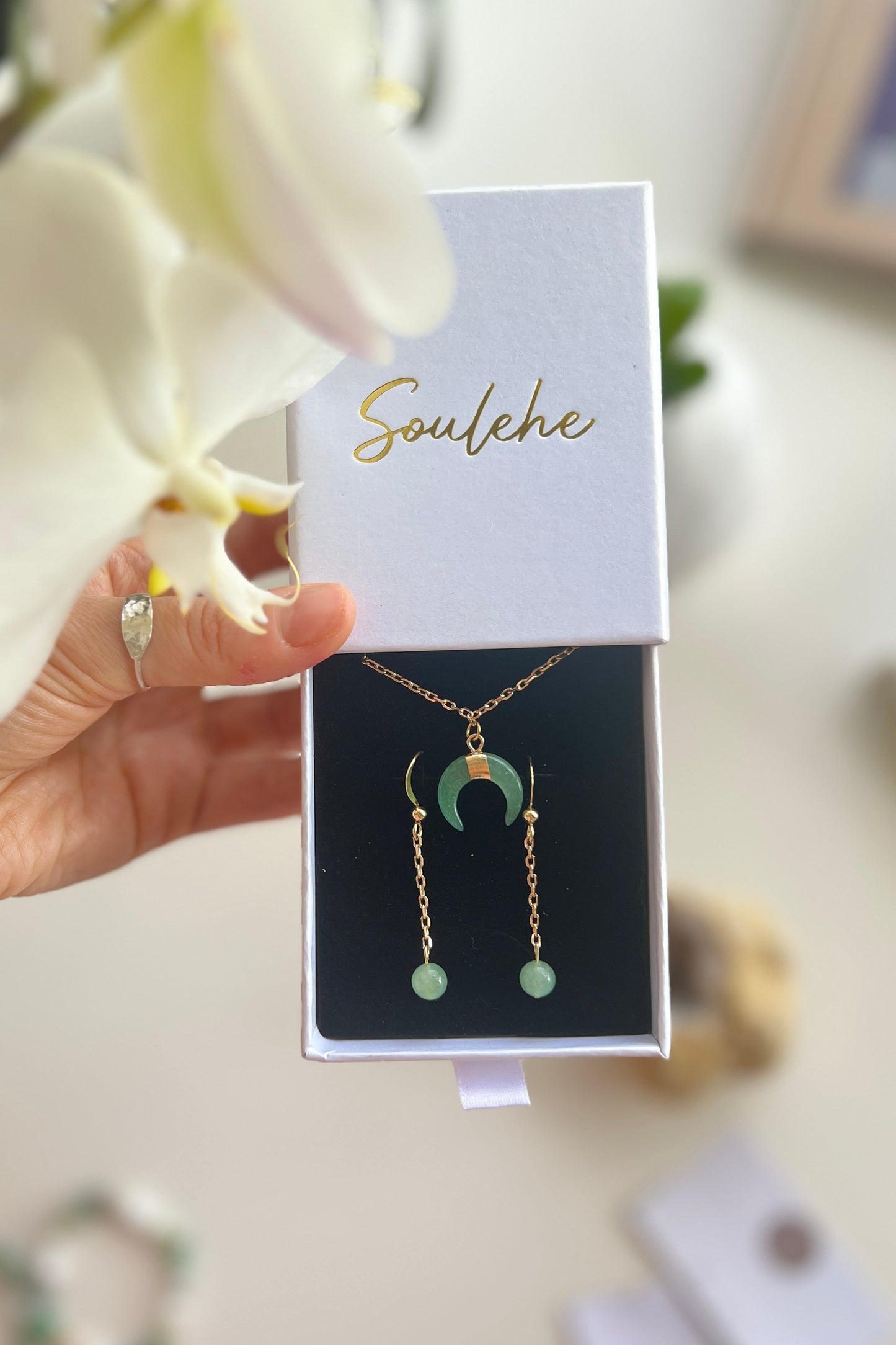 Green Moon Combo • Necklace x Earrings • Green Aventurine & 18K Gold Plated